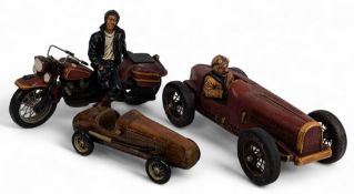 2x Wooden Vintage Racing Car Models with drivers, and large resin motorcycle figure - the largest is