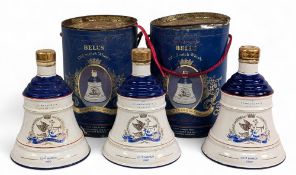 3x 1990 Royal - the Birth of Princess Eugine, Bell's Whiskey Decanters full, two with worn/rusty