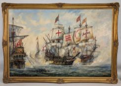 Large Naval Anglo Spanish War: The Last Battle of the Revenge 1591 Scene Oil Painting on Board