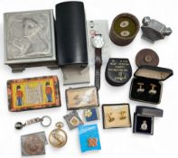 Gents Collectables: Badges, Cufflinks, Watch, a good aluminium cigarette box, Mondaine Swiss railway