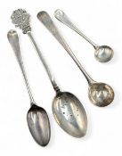 4x Hallmarked Silver Spoons, an early teaspoon worn marks, mustard and cruet set spoons and a golf