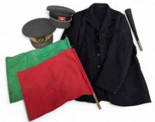 Old British Rail Uniform: a jacket two hats, flags and warning horn- in used condition