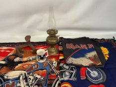 Brass & copper Oil Lamp, with its glass funnel, Lion brand shoe last, Apollo moon landing mug (