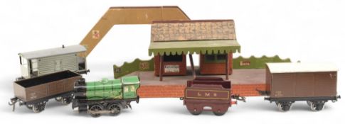Hornby Clockwork O Guage to include Locomotive and odd LMS Tender, 3Rolling Stock, Wooden Station