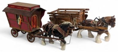 Pair of Horse Drawn Carts Wagon Caravan, two ceramic shire horses with hand-built wagons, the
