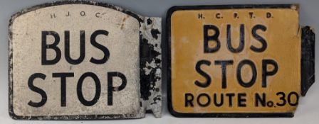 2x Vintage Bus Stop Signs, an aluminium H.J.O.C sign and fibre glass Huddersfield council