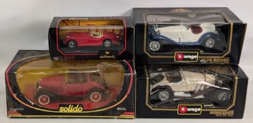 3x Burago Large Diecast 1/24 and 1/18 Scale Models, 1/18 Mercedes Benz SSK, Alfa Romeo 2300