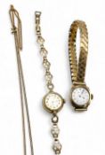 2x 9ct Ladies Gold Watches and Chain: a good rotary watch with 9ct gold case and strap 8.8g, to