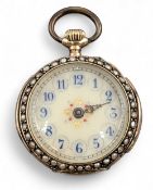 18ct gold & enamel Ladies Fob Watch, with seed pearl decoration, a French 18ct case with a working