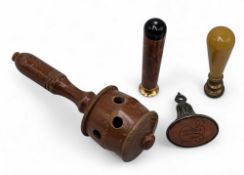2x Wax Seal Dunhill Pipe Tamper & Fob, a brass watch fob seal, a Dunhill white spot pipe tamper, a