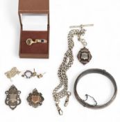 Selection of 9ct Gold and Hallmarked Silver Items Double Albert chain with fob 50g, 2 fobs 20g,