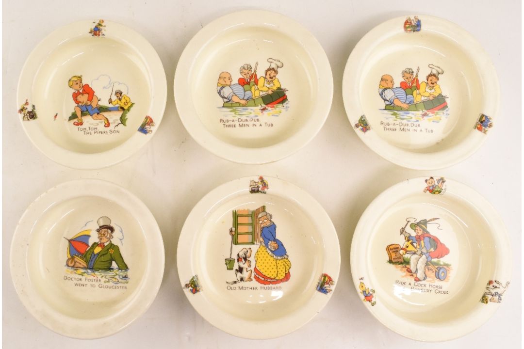 Vintage Baby Food Bowls - Ceramic bowls all having cartoon nursery rhymes to include Old Mother