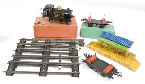 Hornby O Gauge 0-4-0 Tank Loco LMS black 623, clockwork boxed together with Station, Track, boxed No