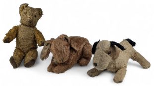 3x Straw filled Vintage Soft Toys Teddy Bear. A Fox terrier dog possibly by Farnell, a rabbit