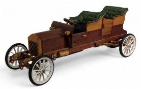 Antique Style Wooden Car Model, a large hand-built car with pram wheels padded seats, suspension -