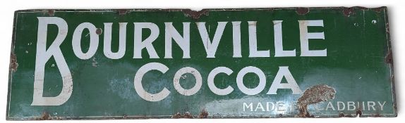 An original Bournville Cocoa 'Made by Cadbury' green rectangular enamel sign with age related wear