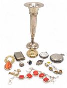 Selection of Silver and other items H/M silver flute vase 19cm base weighted, 925 silver Rings,