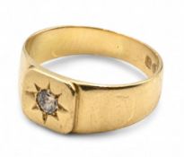 Gents 18ct Gold and Diamond Chip Signet Ring Hallmarked Chester - size UK R 6.4 with stone