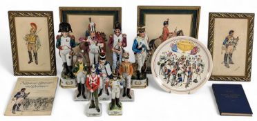 Napoleonic Soldier Ceramic Figures and Oil Painting Prints, four framed paintings and prints and a