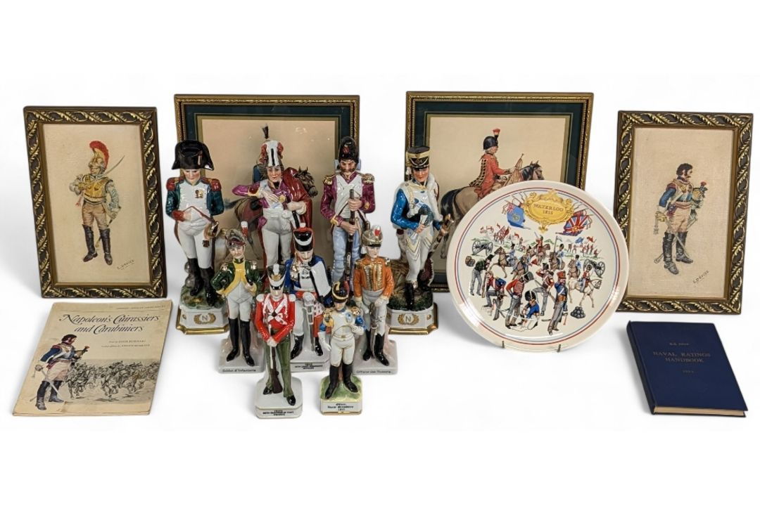 Napoleonic Soldier Ceramic Figures and Oil Painting Prints, four framed paintings and prints and a