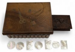 Wooden Sewing Box with assorted contents to inc mother of pearl counters, empty yard of lead box,