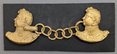 Georgian early Victorian Nobleman's Gents Gilt Cape Clasp two Figures with Chain links, #13cm