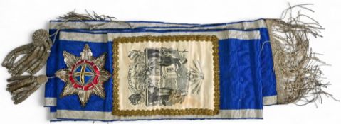 19th century Masonic Grand Master Oddfellows Sash Blue with Silk printed Crest