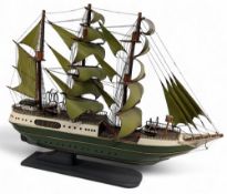Large Impressive Sailing Ship Model with green sails and wooden hull, displays well- size #84cm x