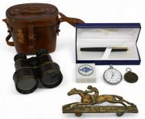 Vintage Binoculars Fred Archer Horse Racing Legend in Leather case together with Waterman Fountain