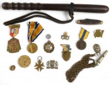 WW1 Victory Medal to 108912 Pte C Milne Liverpool Regt, Officers Whistle and Chain, Truncheon, Cap