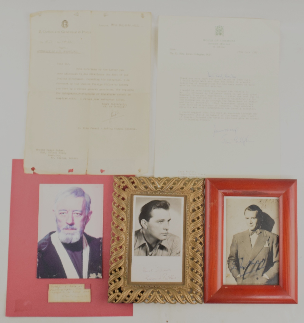 Autographs to include Richards Burton framed, Alex Guinness, Jim Callaghan on letter to Lady Bowker,