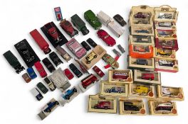 2x Boxes of Playworn Diecast Toy Cars Lorries, and boxed Lledo Days Gone models, a broad selection