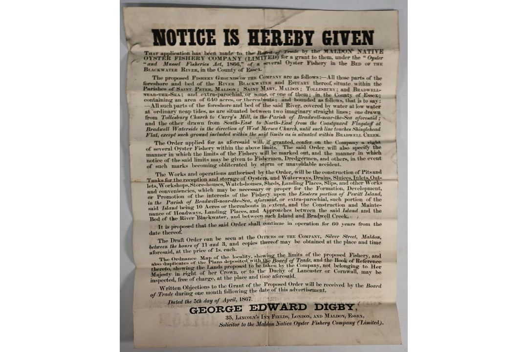 1866 Maldon Native Oyster Company Poster / Notice by Solicitor George Edward Digby. Solicitor of