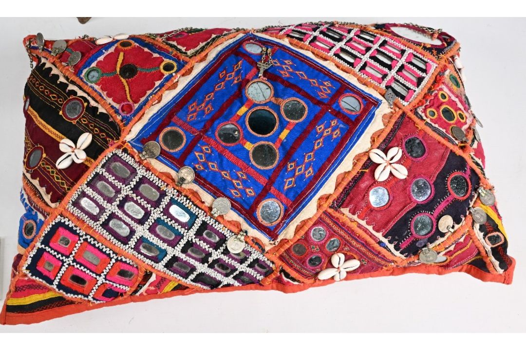 Large Indian Tribal Carpet Fabric Cushion, 104cm x 70cm and smaller decorated with shells, coins, - Image 2 of 3