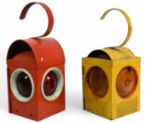 Pair of Vintage Council Road Work Paraffin Lamps, in yellow and red with the red one having its