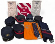 Old British Rail Uniform: two shirts six assorted caps, scarf, tie, high vis jacket and enamel not