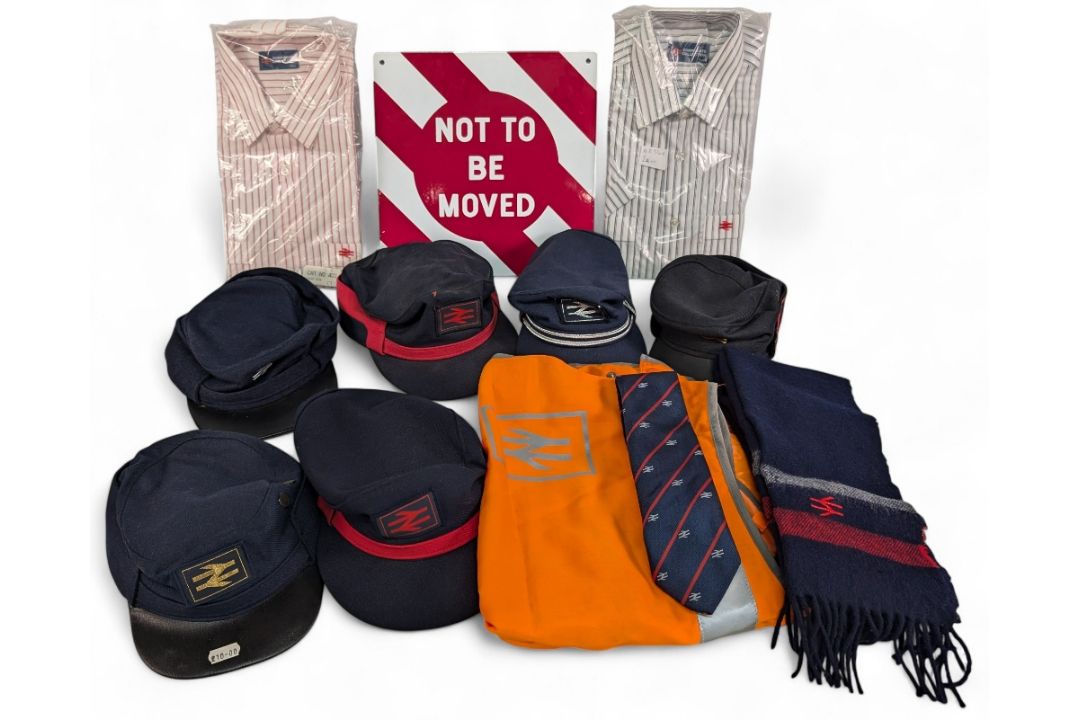 Old British Rail Uniform: two shirts six assorted caps, scarf, tie, high vis jacket and enamel not
