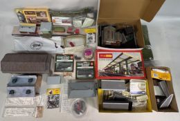 Large Collection of Model Railway Layout Buildings Platform, Fire Station, Engine Shed, Fences,