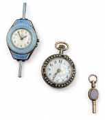 Silver .925 Ladies enamel and seed pearl Fob Watch, the movement is working but dial has cracks,