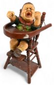 Wooden Carved Crying Baby Figure in Highchair, #60cm tall