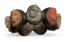 Antique Victorian Grand Tour Days of the Weeks Lava Cameo Ring - brass metal with well carved cameos