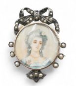 Antique Miniature Portrait Brooch, white metal with seed pearls with yellow metal back, marked My