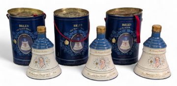 3x 1990 Royal - The Queen Mother's 90th Birthday Eugine Bell's Whiskey Decanters Full, with worn/