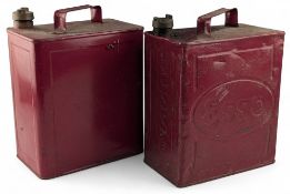 2x Esso and Petroleum Spirt Petrol Cans, both painted red, the Esso has its named brass cap