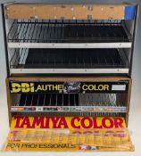 2x Vintage Model Shop Paint Display Stands, with Tamiya advertising card signs and self-codes-