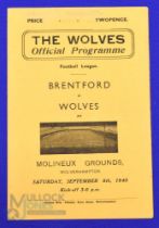 1945/46 Wolverhampton Wanderers v Brentford football league south match programme 8 September