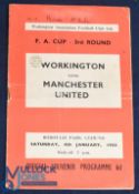 1957/58 FAC Workington v Manchester Utd 3rd round tie 4 January 1958; name on front, punch hole to