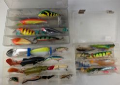 Collection of approximately 30 saltwater and large predator lures, makers include Rapala, Salmo,