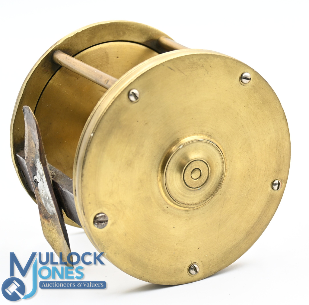Early Victorian 3 ¼" brass wide drum winch, crank handle with white knob, lacking check, repair to - Image 2 of 2