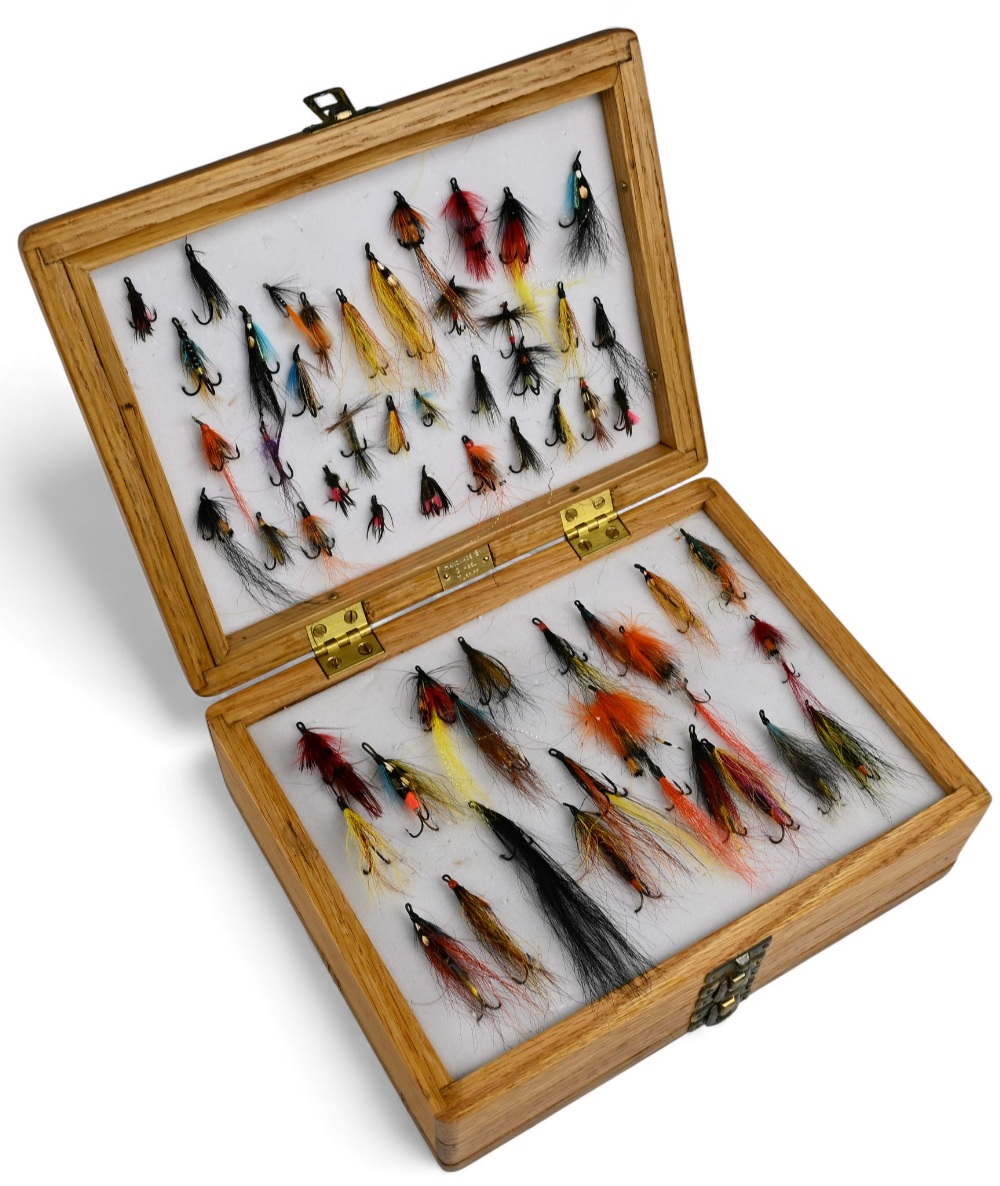 A six layer wood salmon fly box made by G Abel, Turriff. Retailed by Hendersons of Turriff. 10" x